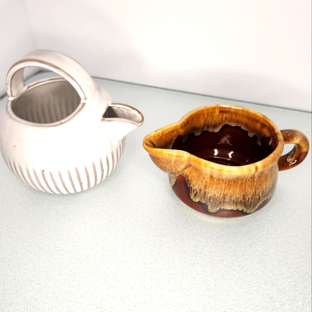 Lot 2 ceramic dishes 1 dripware creamer, 2 decorative Hobby Lobby white teapot